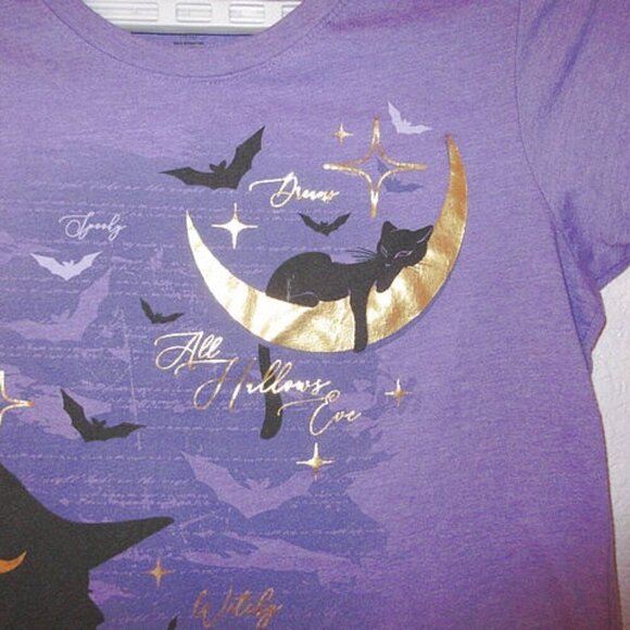 Witch T-Shirt Size L Moon Bat Cat Gold Foil Halloween All Hallows Eve Whimsigoth - Picture 2 of 5